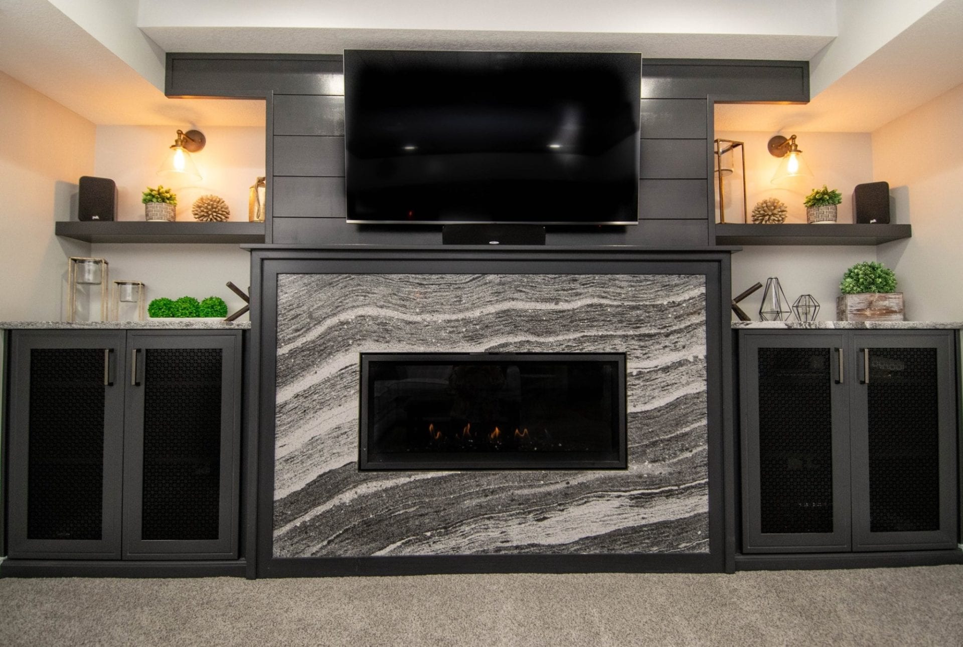 Modern entertainment center in finished basement